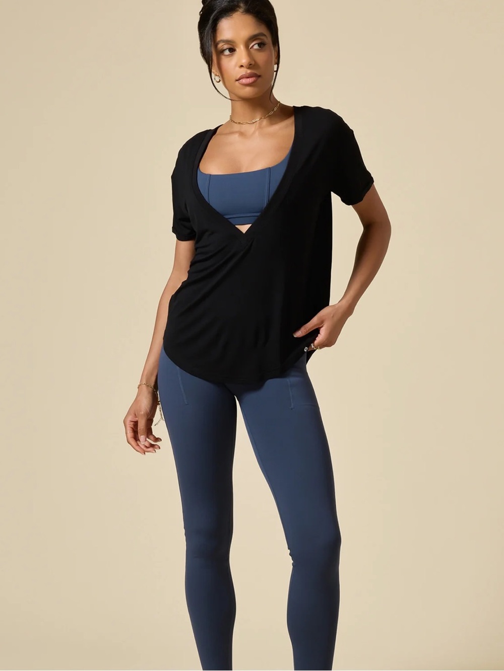 Popflex Black Deep V neck Short Sleeve Top - Women